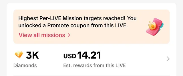 TikTok LIVE Center screenshot: 3K diamonds, $14.21 from one live