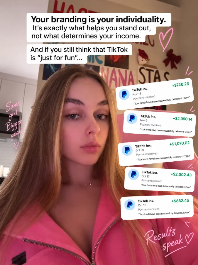 Eliza with a stack of TikTok payout screenshots totaling several thousand dollars in received payments
